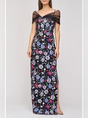 JS Collections: Stormi Floral Embroidery Mesh Sleeve Gown